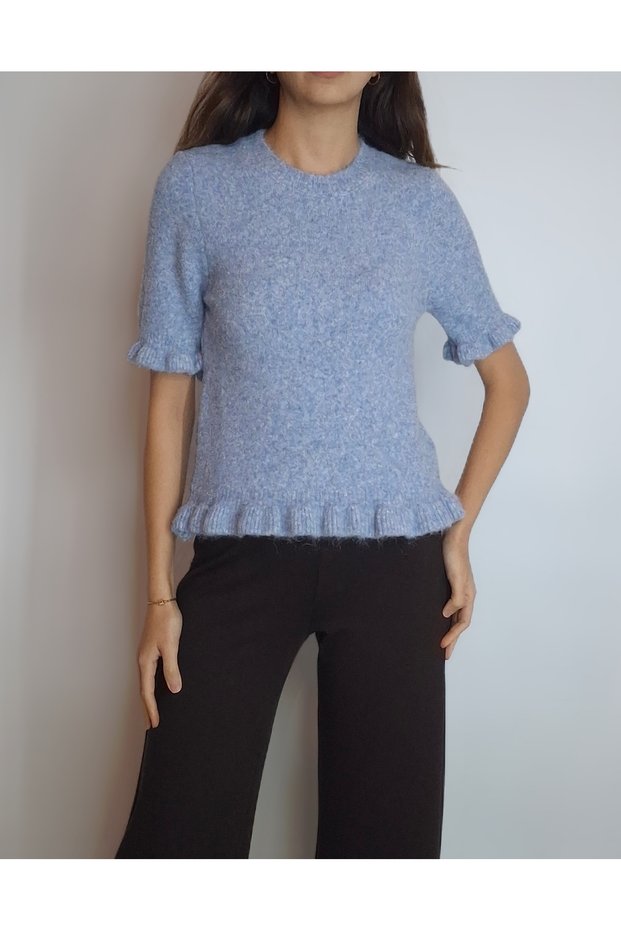 Women's Blue Short-Sleeved Knitwear Sweater with Ruffled Sleeves and Skirt Hem Yy101329