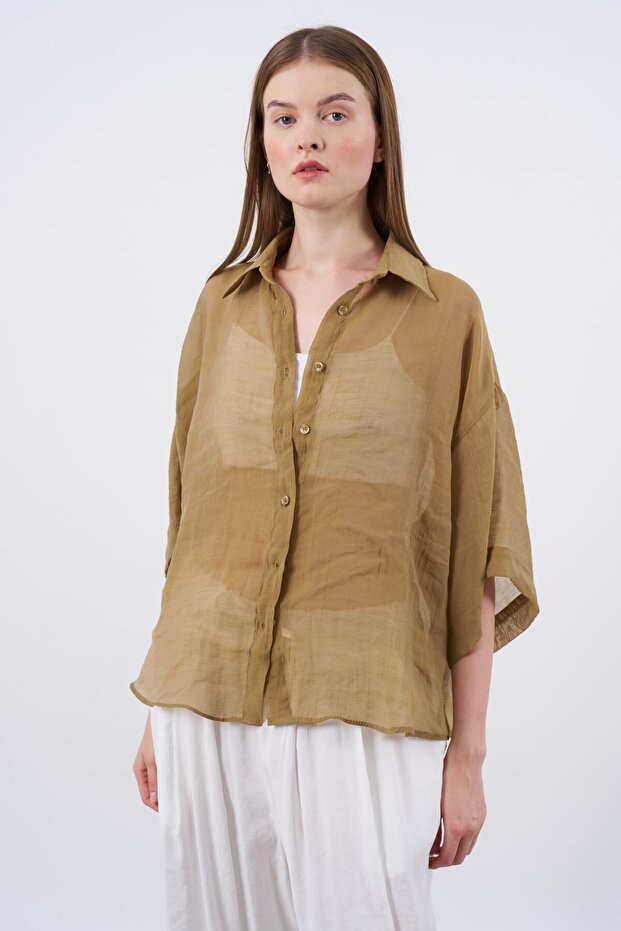 4927 OVERSIZE İPEKSİ GÖMLEK OLİVE - 4