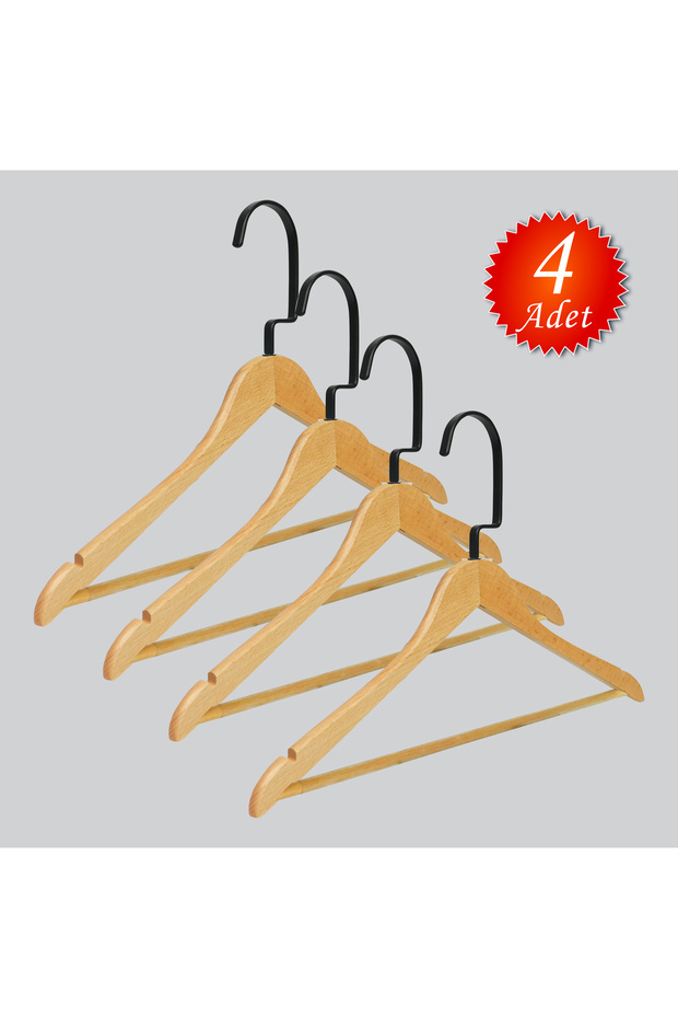Wooden (Lama Black Hook) Bar Hanger for Shirts and Trousers, Natural Color, 4 Pieces