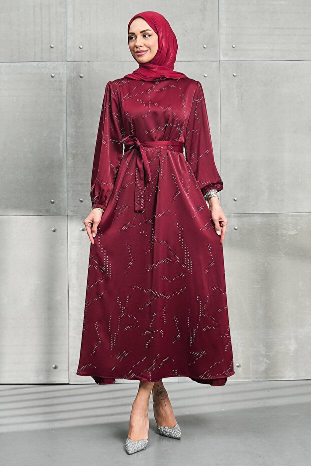 Burgundy Stoned Belted Satin Evening Dress