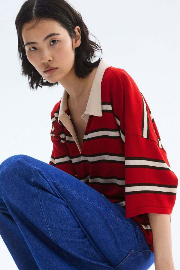 Oversized fine-knit polo shirt