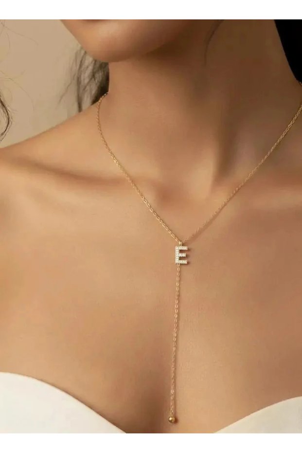 316L Steel Tarnish Resistant Hypoallergenic Jewelry Gold Color Y Model Zircon Stone Letter E Women's Necklace