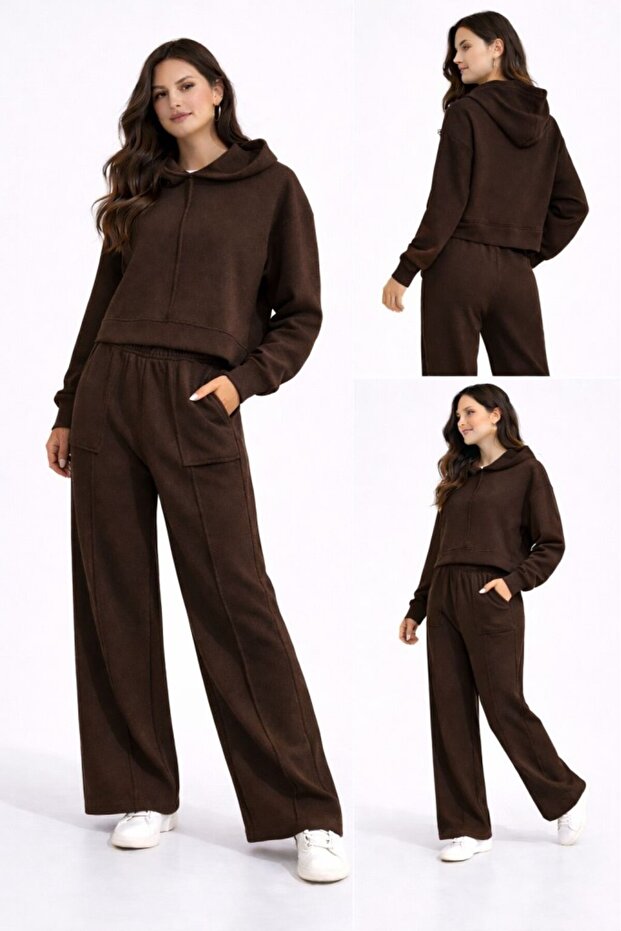 Women's Sports Set Brioche Knit Sets with Short Front and Long Back Hooded Jacket and Pants