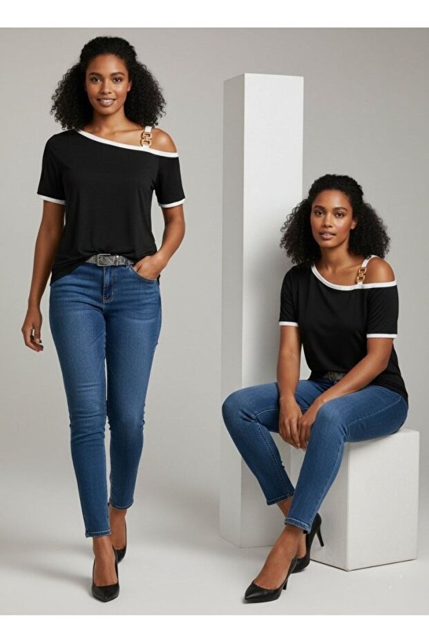 Women's Short Sleeve One Shoulder Open Strap Buckle Detail Viscose Blouse