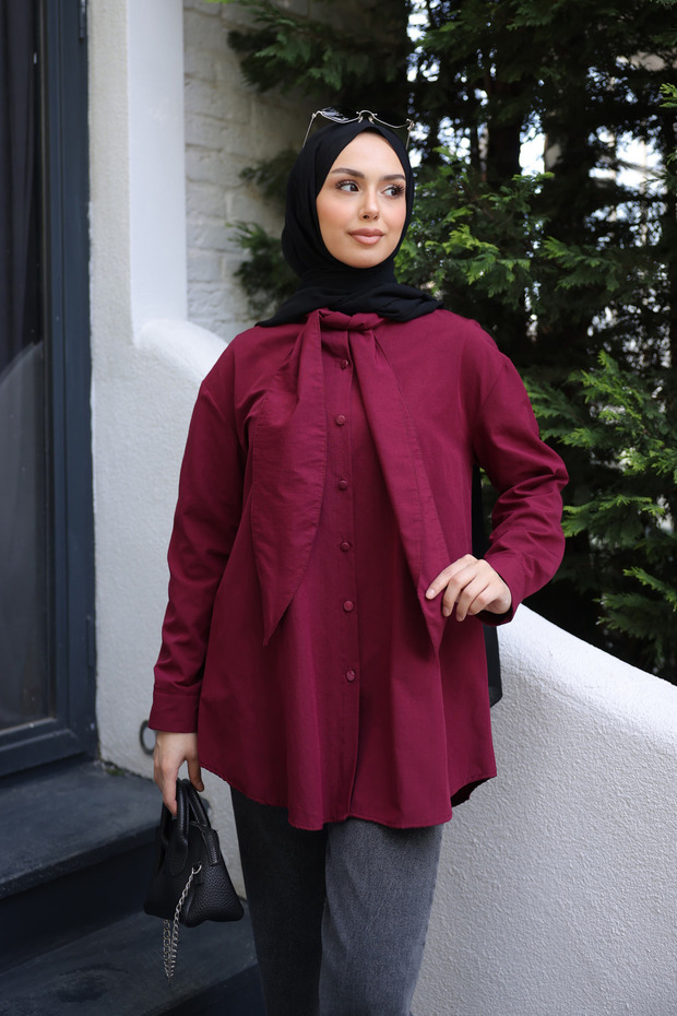 Burgundy Collar Tie-Detail Poplin Shirt