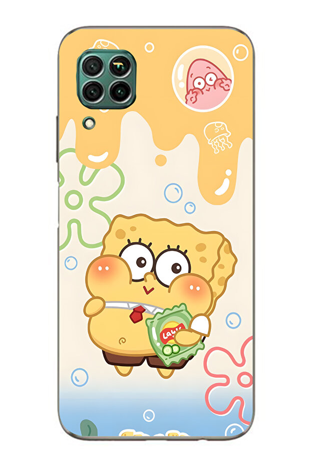 Huawei P40 Lite Compatible Spongebob Patterned Transparent Phone Case - 1