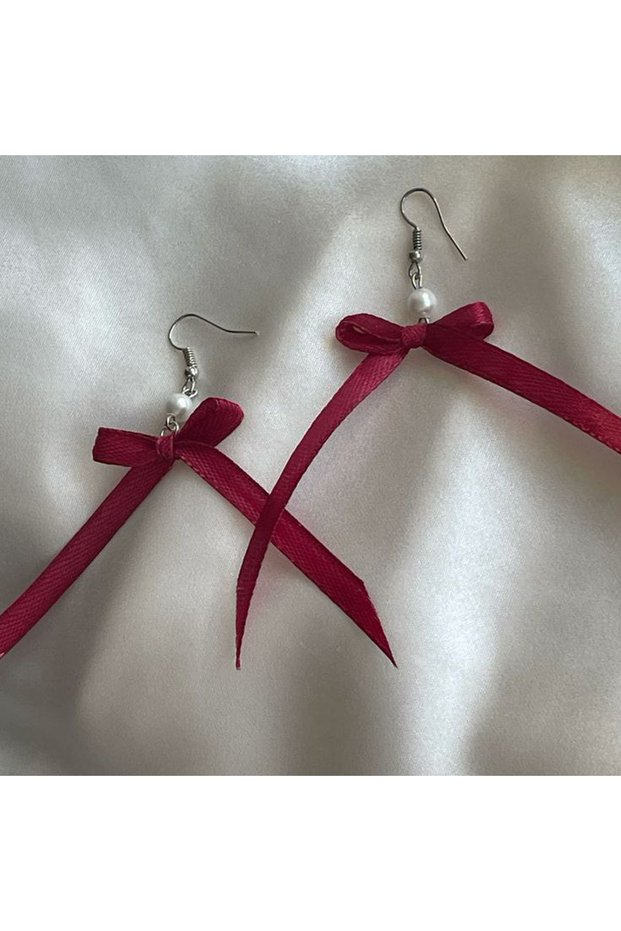 Ribbon and Pearl F Bow Detail Silver Color Earrings