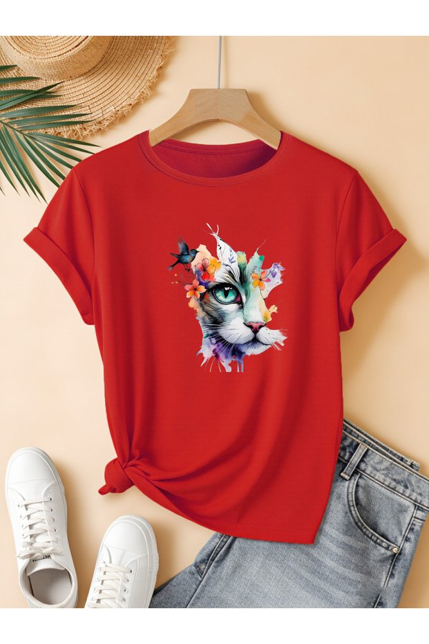 Women's Cat Flower Butterfly Printed Crew Neck Regular Fit Oversized T-Shirt