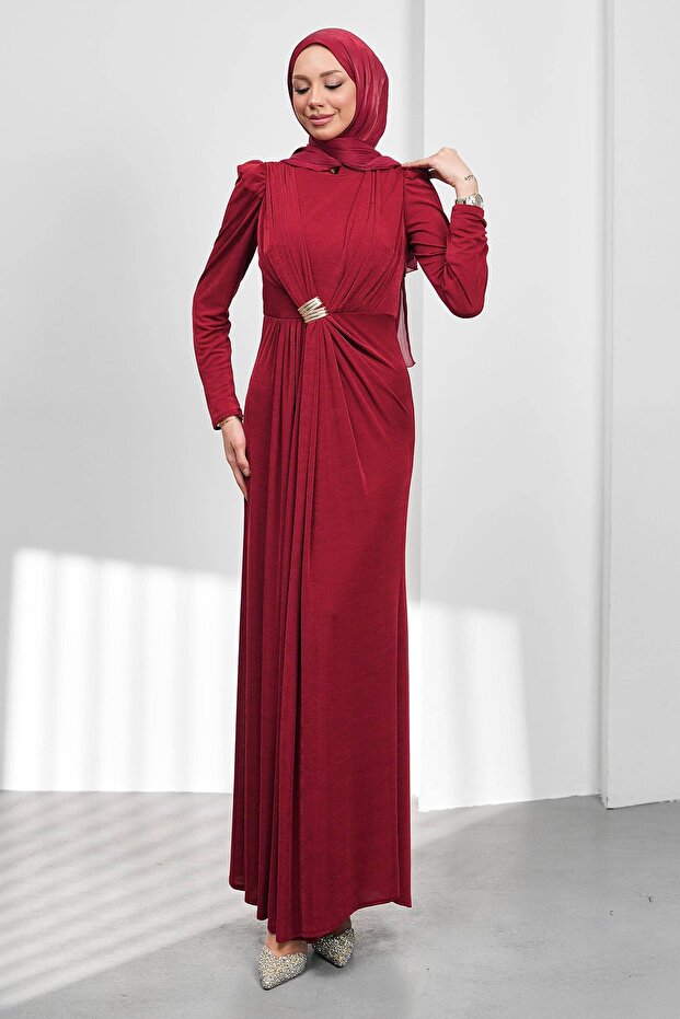 Burgundy Draped Front Buckle Evening Dress