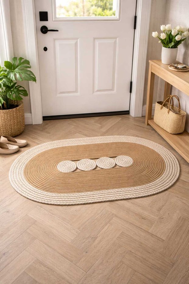 4-Ring Oval Mat Made of Jute Rope, Handmade, for Front of Door, in Front of Sink Bath Mat