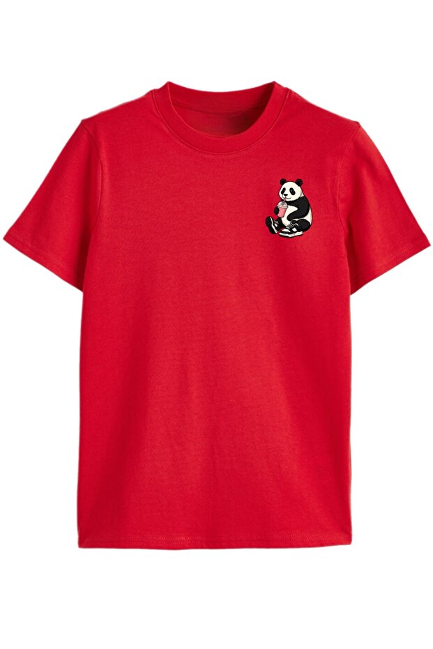Panda Drinking Milkshake B Printed Kids T-Shirt