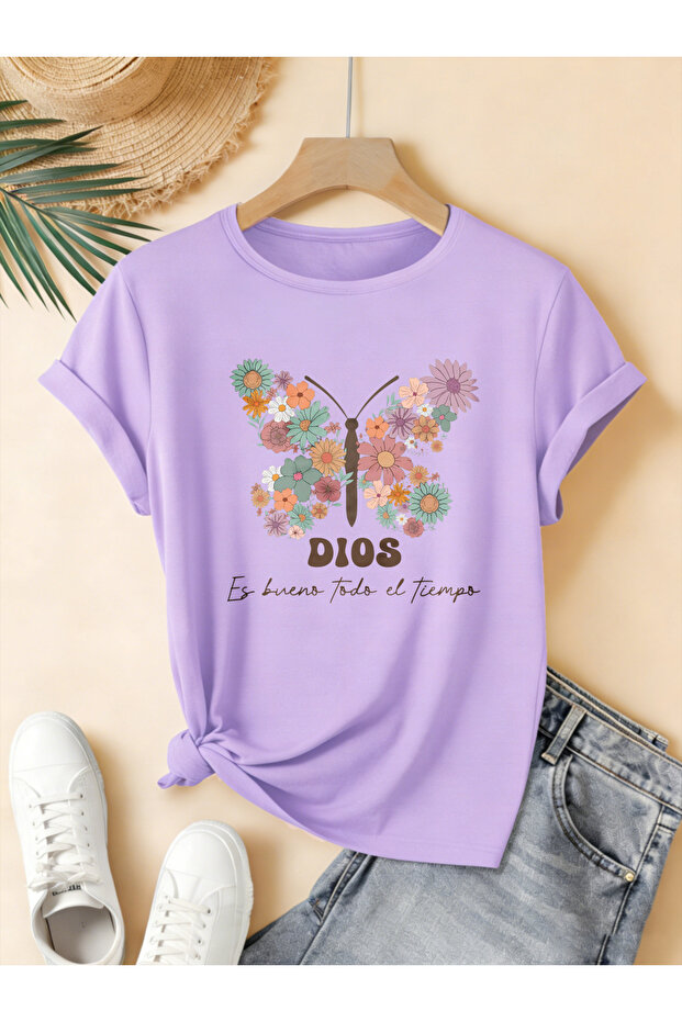 Women's Flower Butterfly Printed Crew Neck Regular Fit Oversized T-Shirt