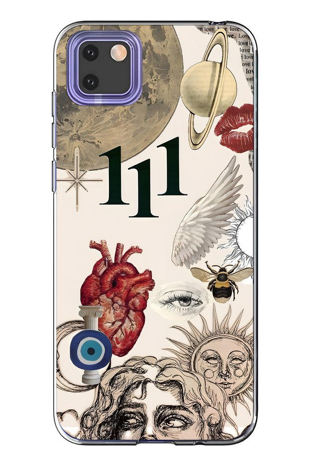 Huawei Y5P Compatible Astro Symbolic Collage and 111 Energy Patterned Transparent Phone Case