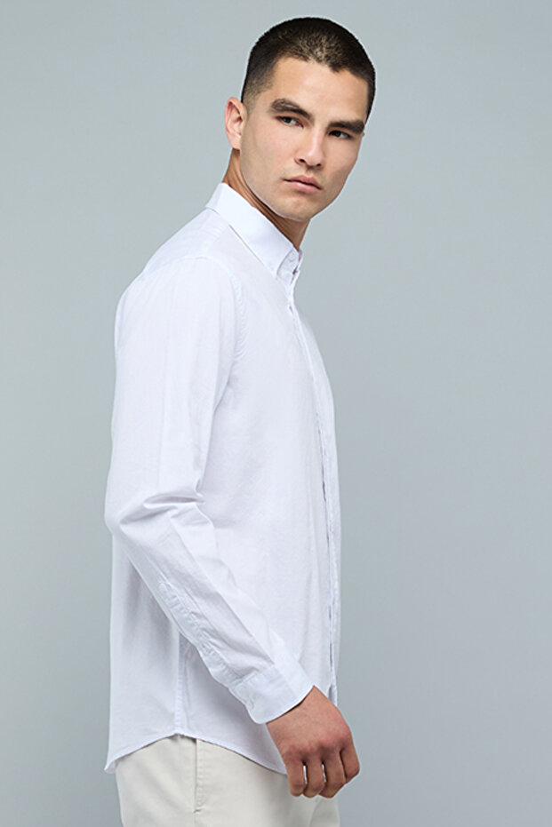 Solid Shirt with Button-Down Collar and Long Sleeves - 3