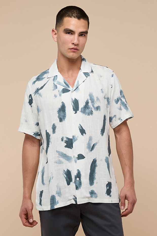 Printed Shirt with Revere Collar and Short Sleeves