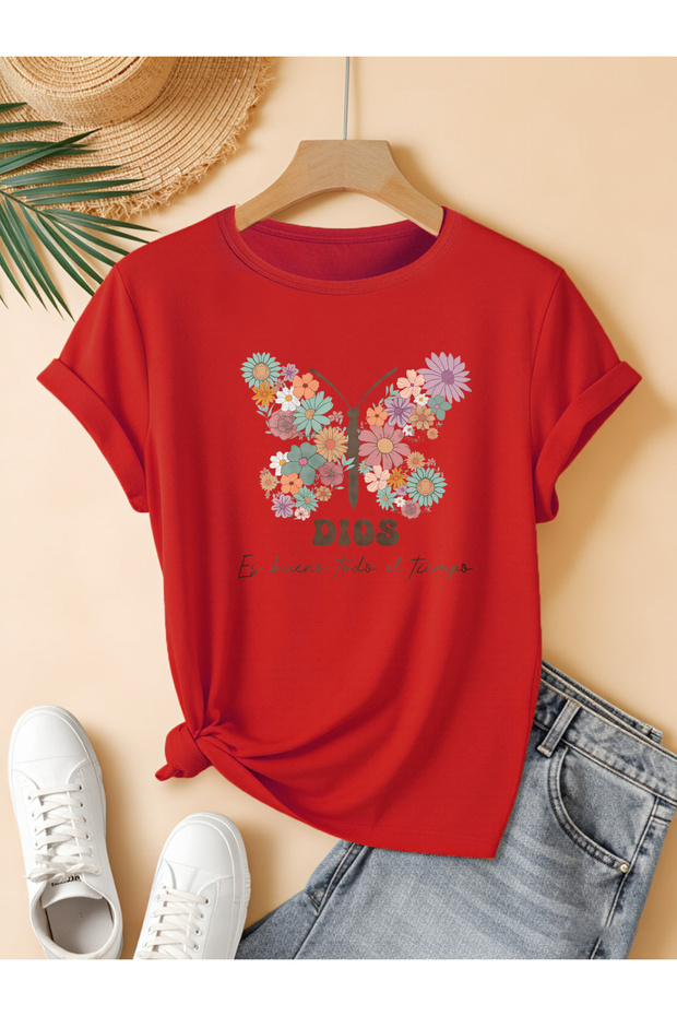 Women's Flower Butterfly Printed Crew Neck Regular Fit Oversized T-Shirt