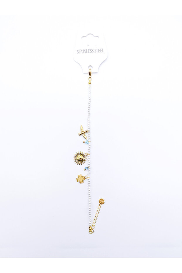 Steel Sun, Bird, Flower Figured, Pearl B Beaded Bracelet