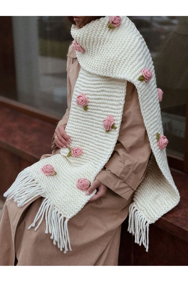 Hand Knitted Wide Pinterest Scarf with Rose Detail