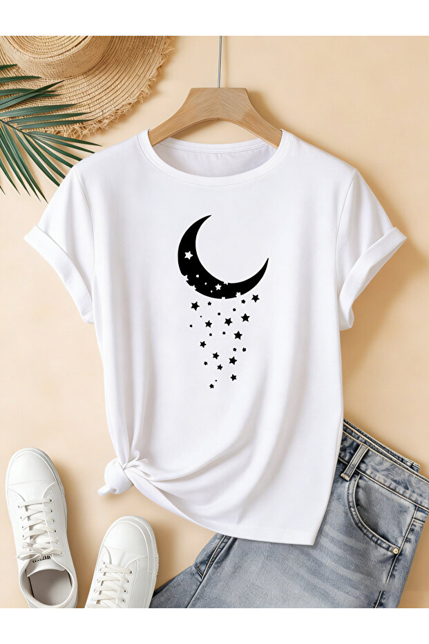 Women's Half Moon Printed Crew Neck Regular Fit Oversized T-Shirt
