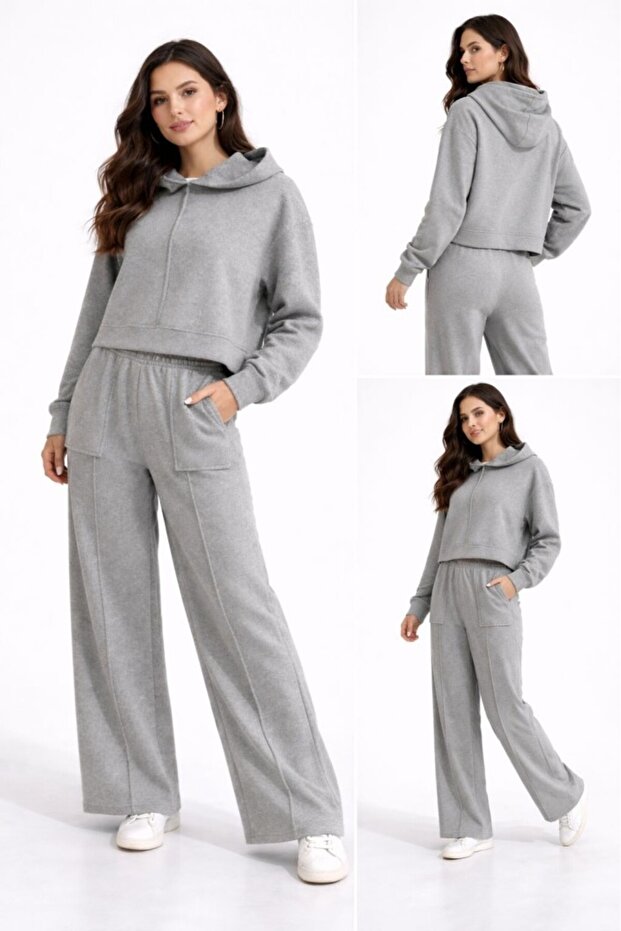 Women's Sports Set Brioche Knit Sets with Short Front and Long Back Hooded Jacket and Pants