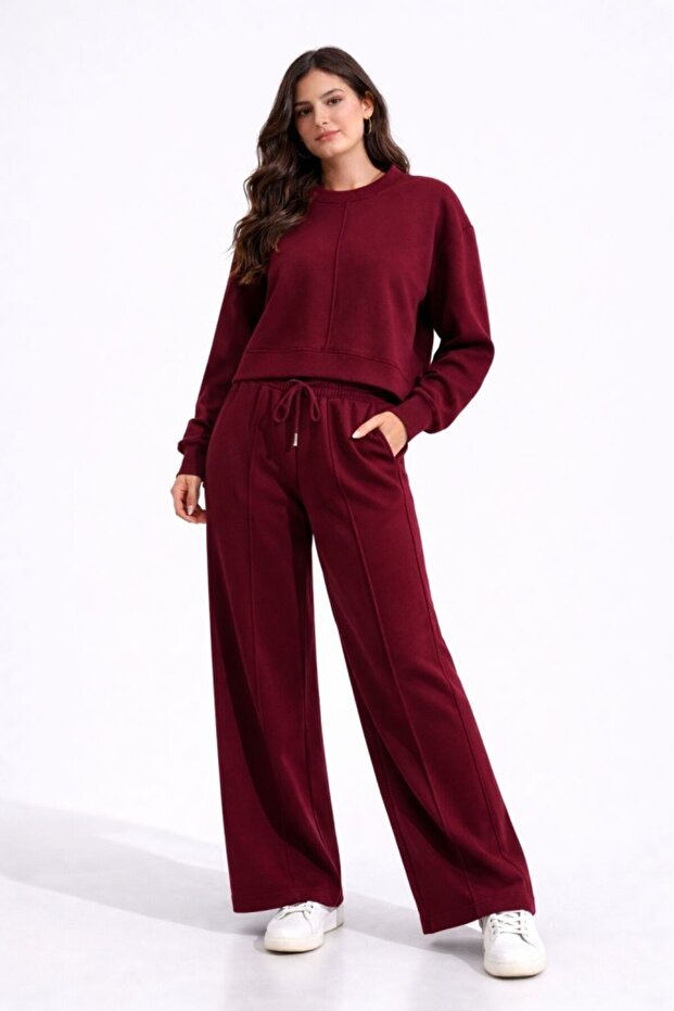 Women's Sports Set Crew Neck Brioche Knit Fabric Set with Green Front Pants