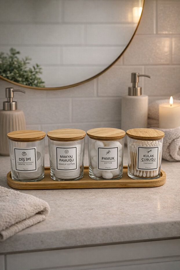 Carlin - Set of 4 Glass Bathroom Jars with Bamboo Lids and Stand, Decorative Bathroom Organizer 350 Cc