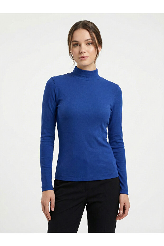 Women's Cobalt Half Turtleneck Corded Fabric Blouse Jf25