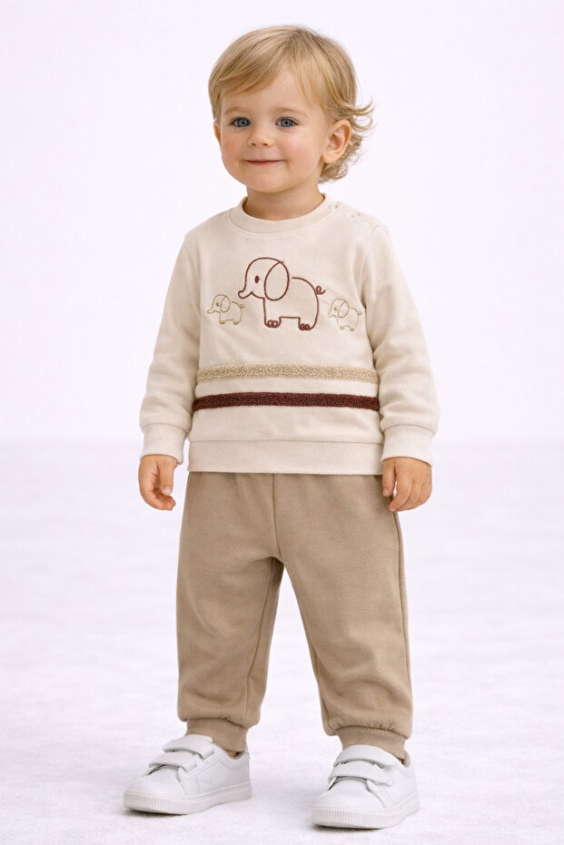 Baby Boy Elephant Embroidered 2-Piece Tracksuit Set – 2Yarn m Transitional Bottom Top 2-Piece Set 3-12 Months