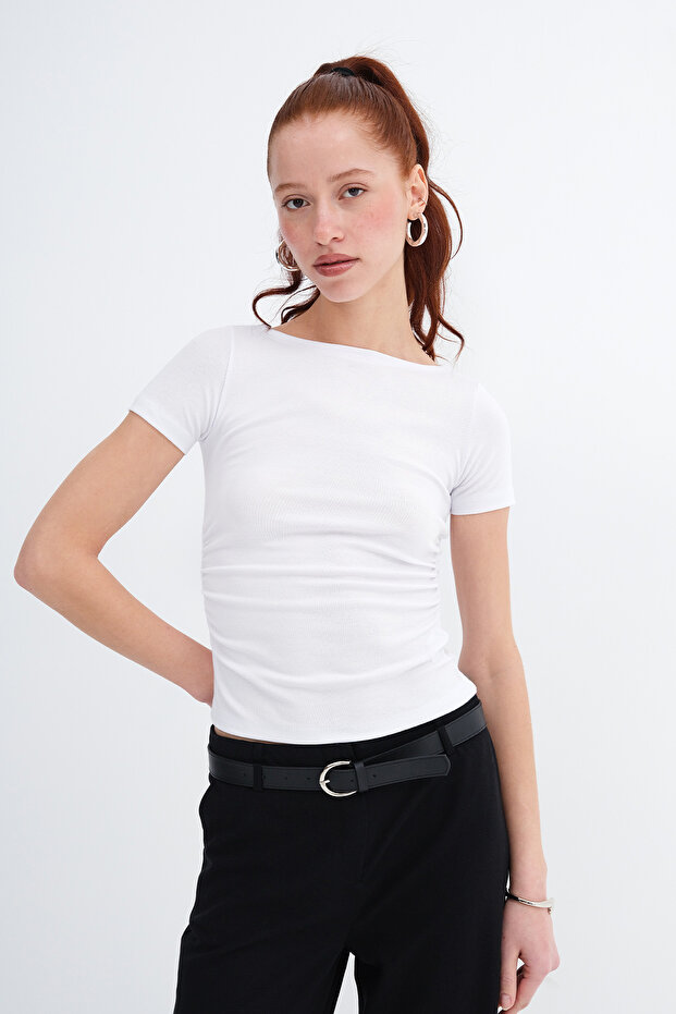Yanıları Ruched Modal Basic T-Shirt P4532