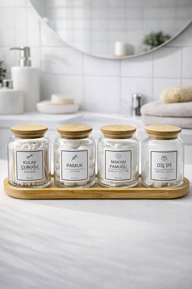 Darlin - Set of 4 Glass Bathroom Jars with Bamboo Lids and Stand, Decorative Bathroom Organizer 290 Cc