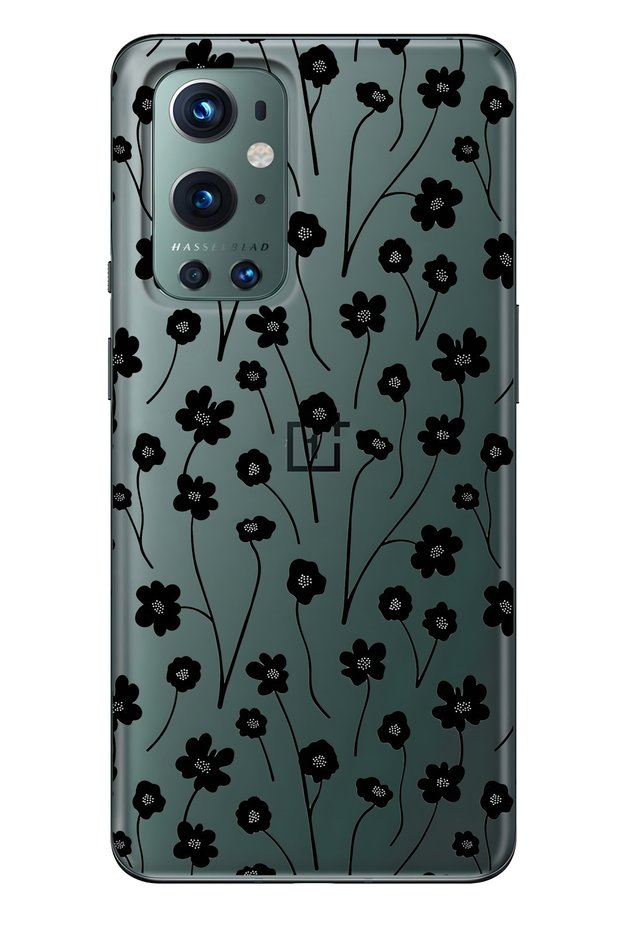 One Plus 9 Pro Compatible Black Floral Print Transparent Phone Case