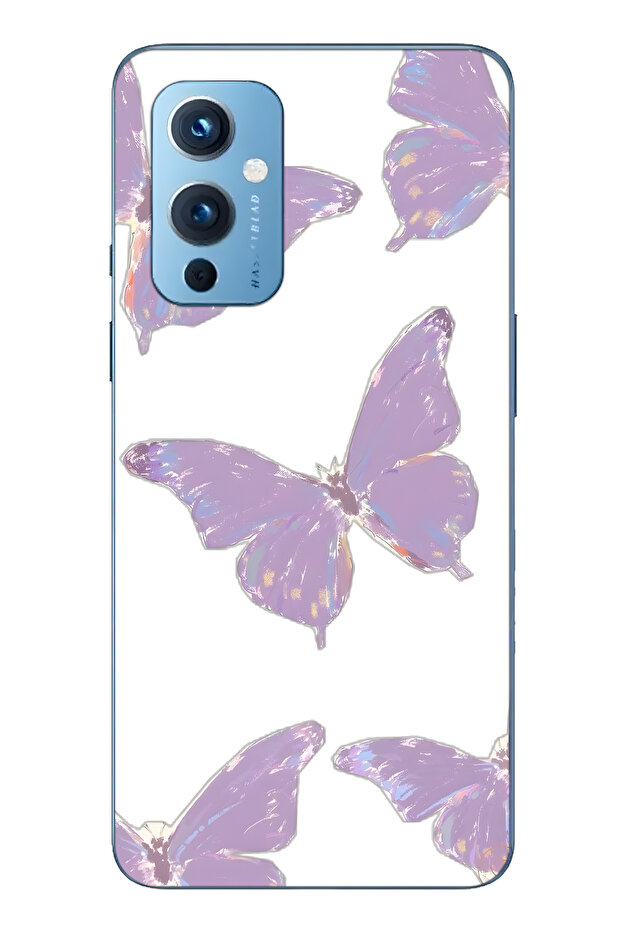 حافظة هاتف شفافة متوافقة مع One Plus 9 باللون الأرجواني Kelebek منقوش - 1