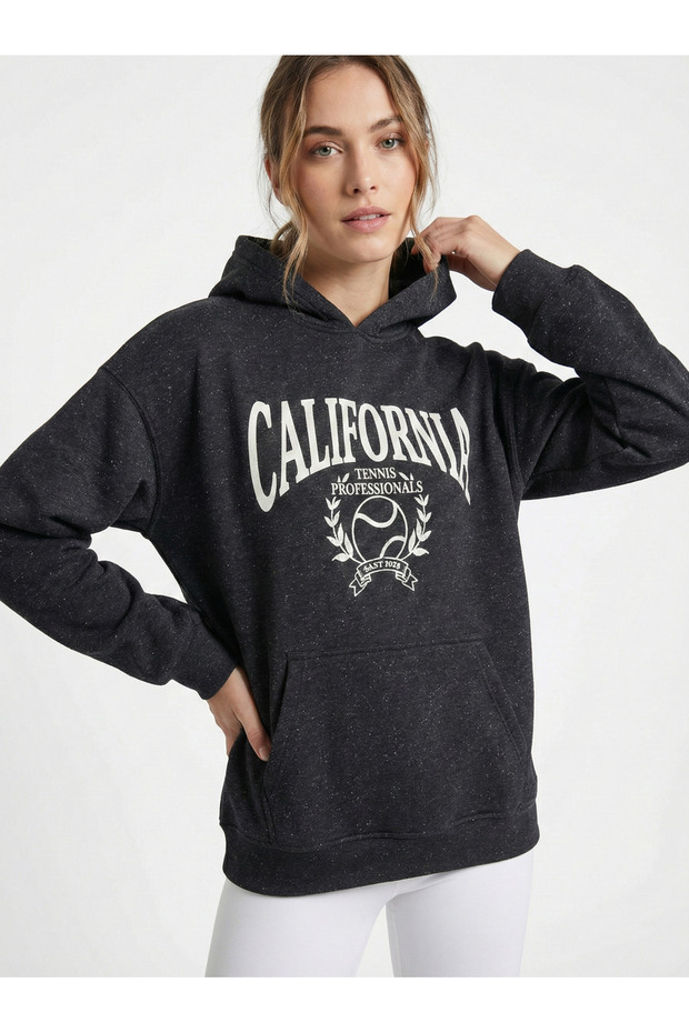 Women's Anthracite Oversized California Printed Hooded Sweatshirt Nj113