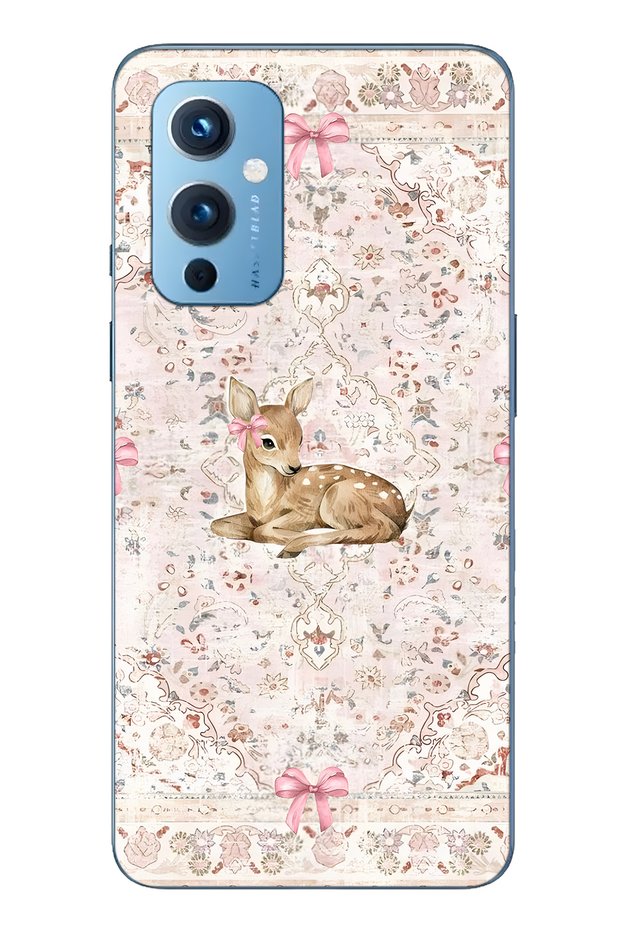 One Plus 9 Compatible Deer and Bow Patterned Transparent Phone Case