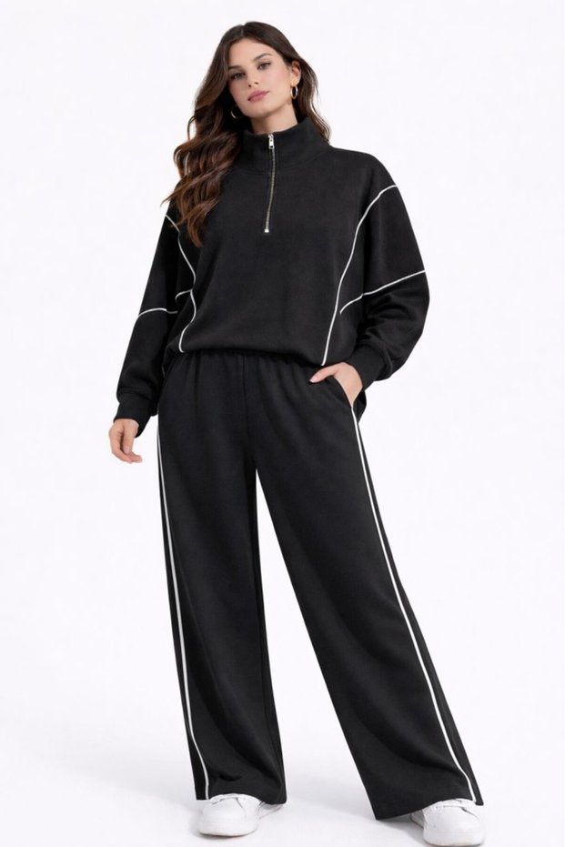 Women's Sports Set Mock Neck Zippered Paneled Sweat-Sweatpants Set