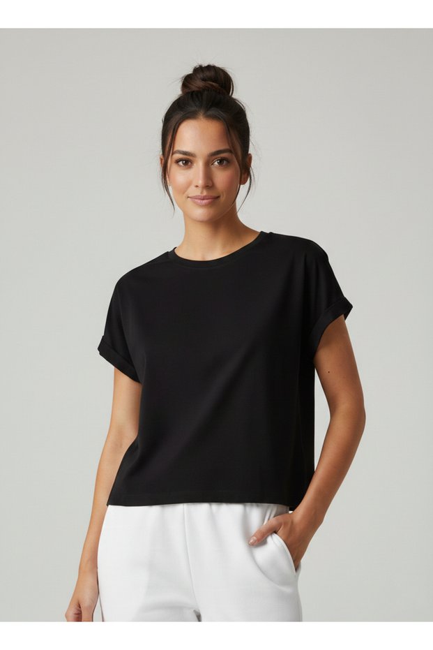 Women's Black Crew Neck Short Basic T-Shirt Nj112