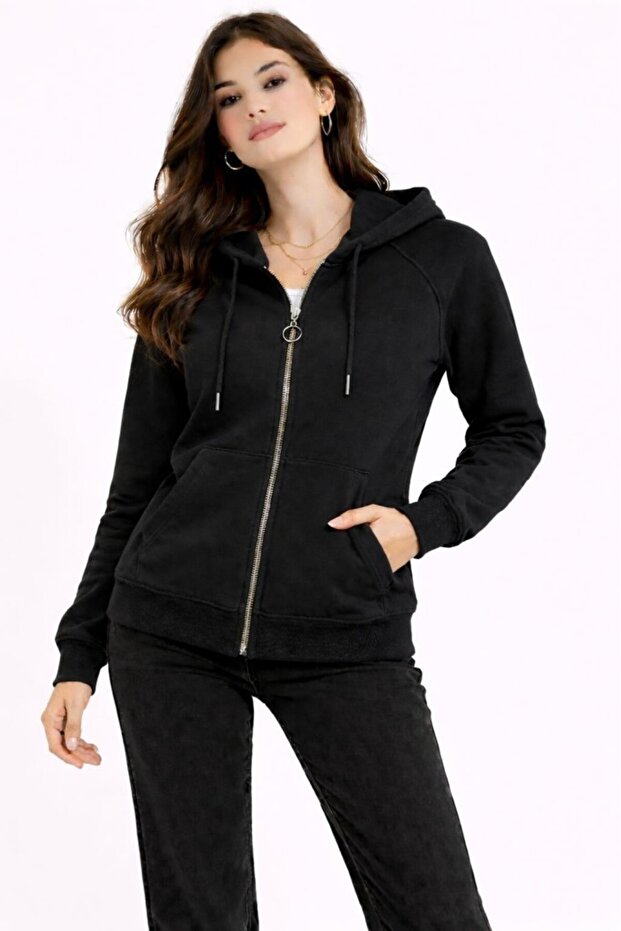 Women's Zippered Sweatshirt Hooded Raglan Sleeve Zippered Basic Sweatshirt