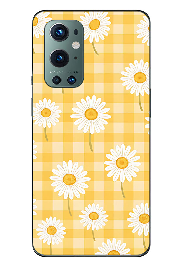 One Plus 9 Pro Compatible Yellow Checked Daisy Patterned Transparent Phone Case - 1