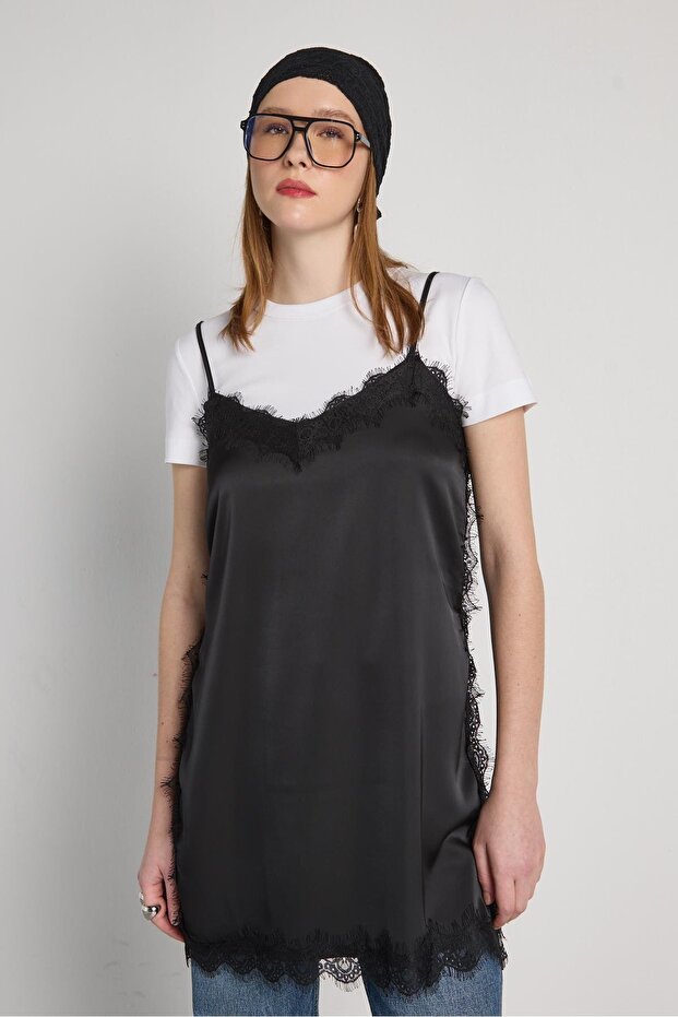 Women's Black Lace Detailed Satin Strap Blouse 31015