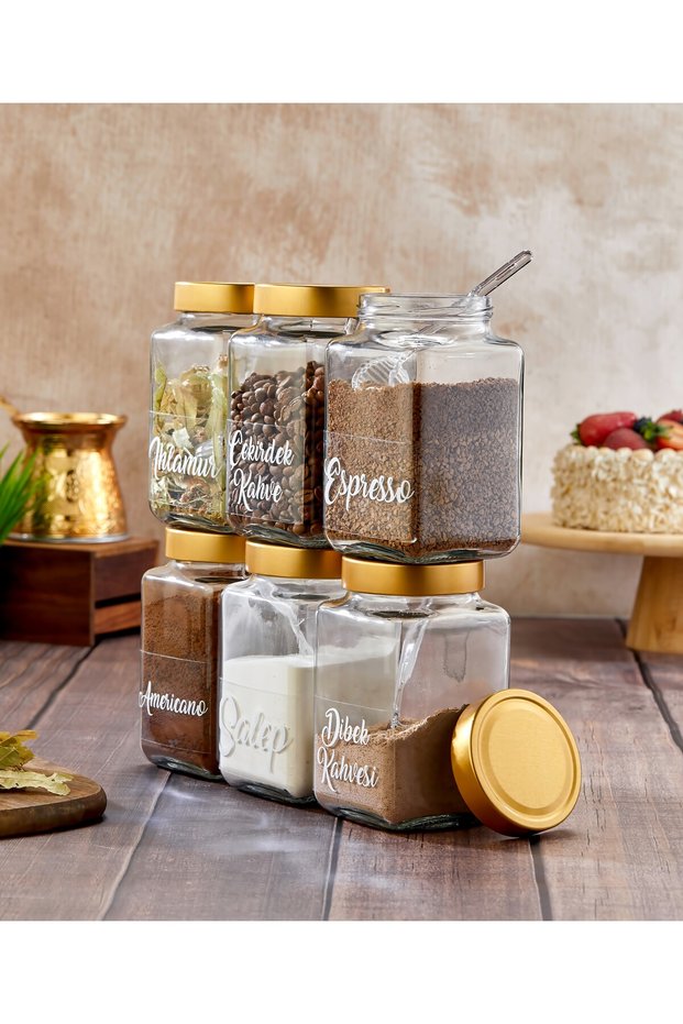 6-Piece 1000ml Glass Coffee/Herbal Tea/Beverage Jars with 6 Origami Spoons, 21 Transparent Labels Gift