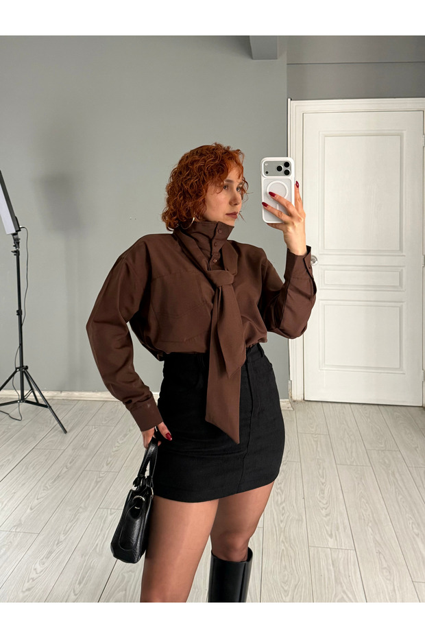 Dik Yaka Poplin Kravatlı Gömlek - 2