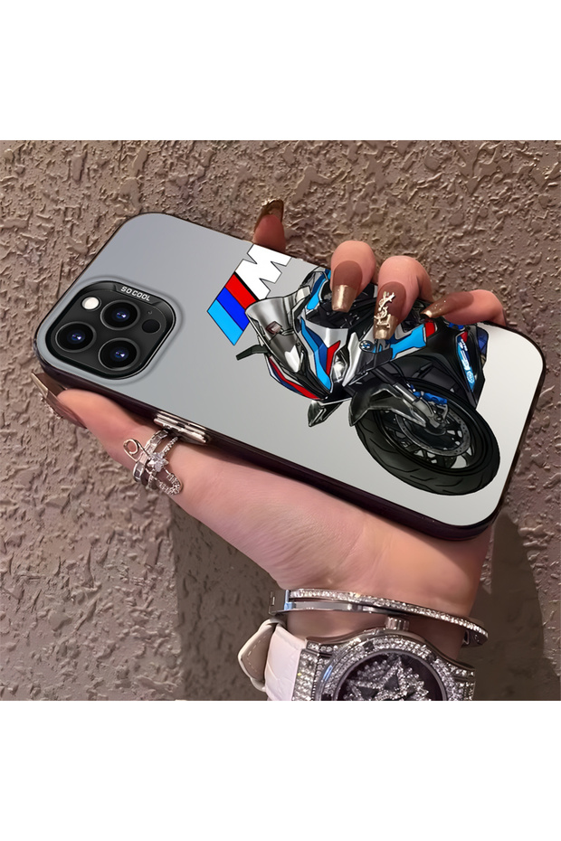 Motorcycle Patterned Silicone Edge Hard Back Anti Fall Phone Case Compatible with iPhone 13 Pro Max