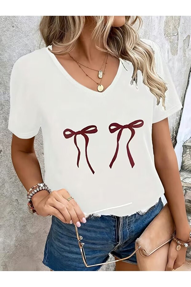 Women's V-Neck Bow Printed Black/White T-Shirt Oversized Casual