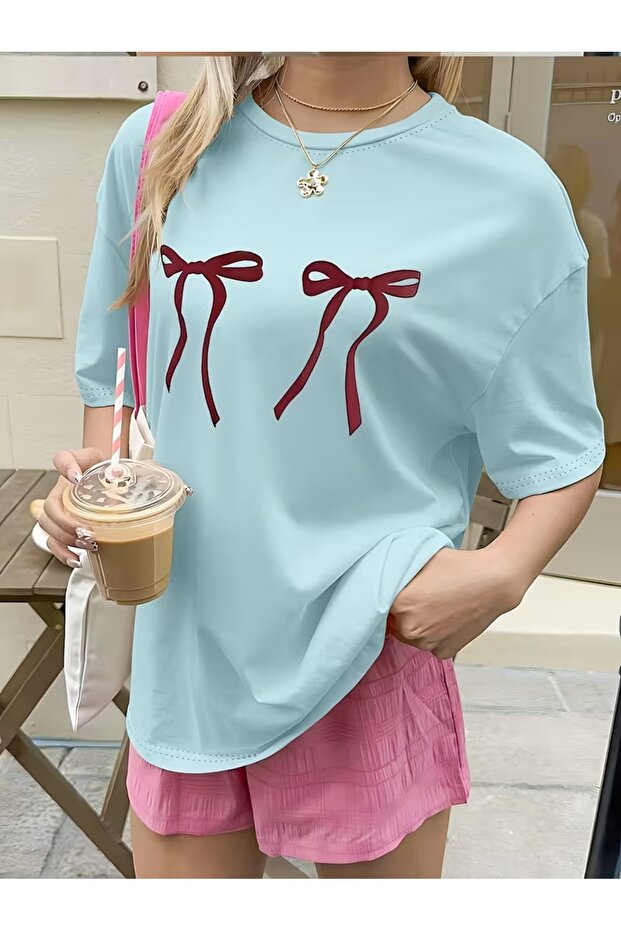 Women's Burgundy Bow Printed Oversized T-Shirt Loose Fit
