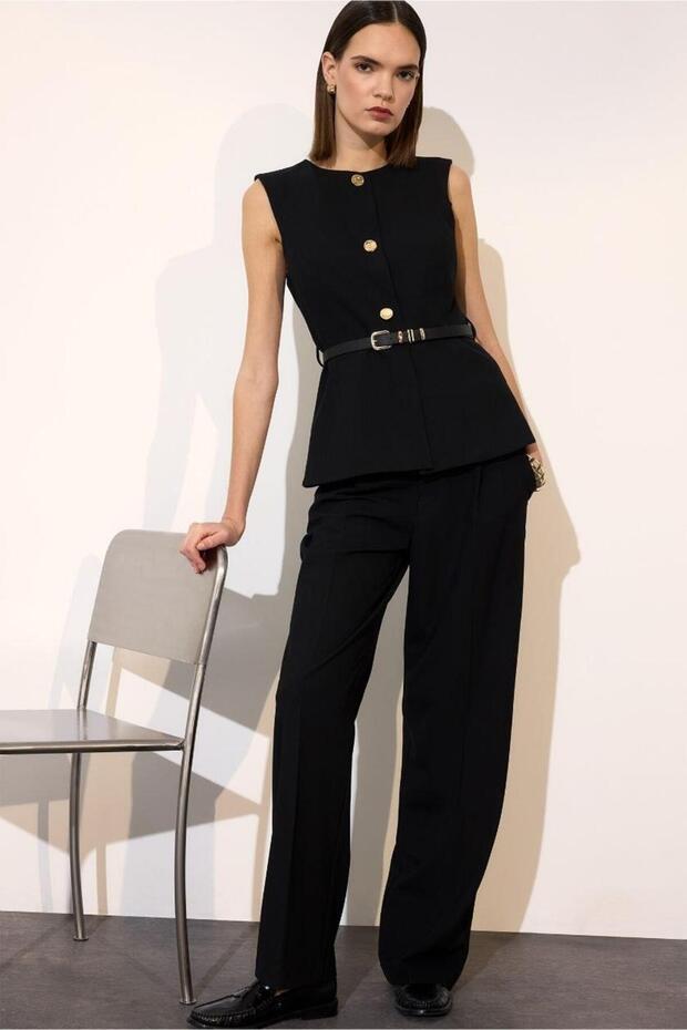 Straight Fit Zippered Pocket High Waist Standard Length Classic Trousers E7238Ax25Au