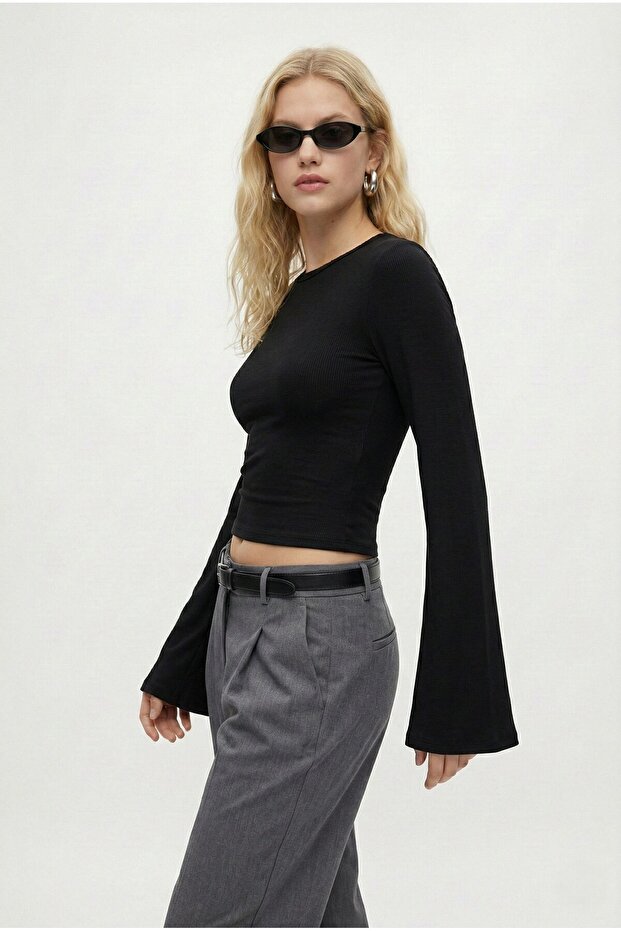 Kadın Hazel Bisiklet Yaka Uzun Kollu Basic Siyah Örme Bluz - 4