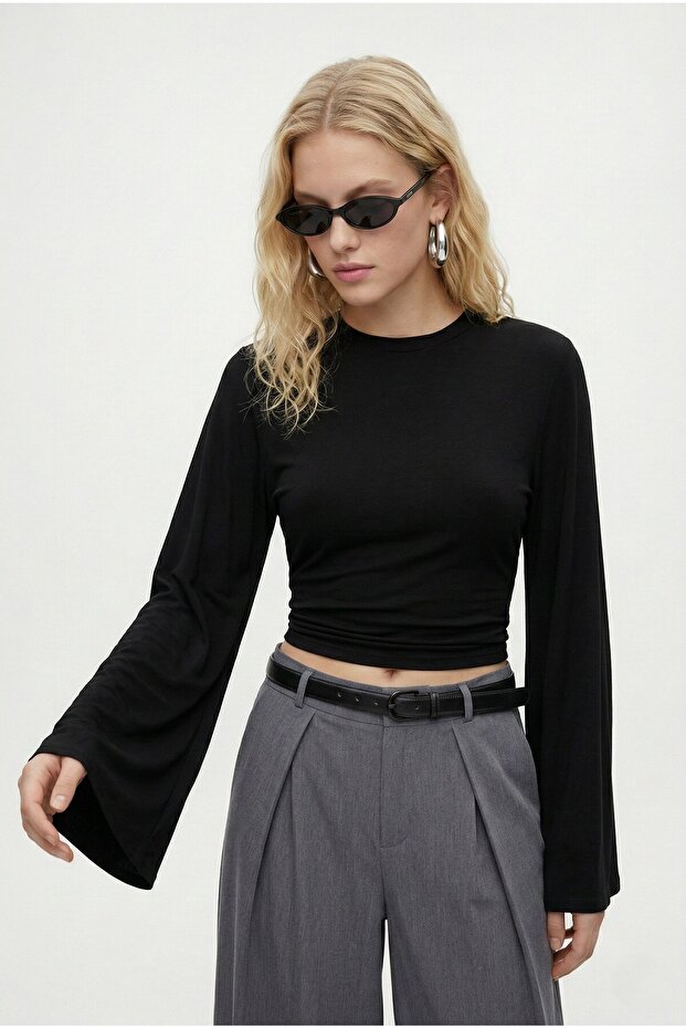 Kadın Hazel Bisiklet Yaka Uzun Kollu Basic Siyah Örme Bluz - 3