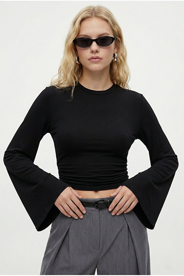 Kadın Hazel Bisiklet Yaka Uzun Kollu Basic Siyah Örme Bluz - 1