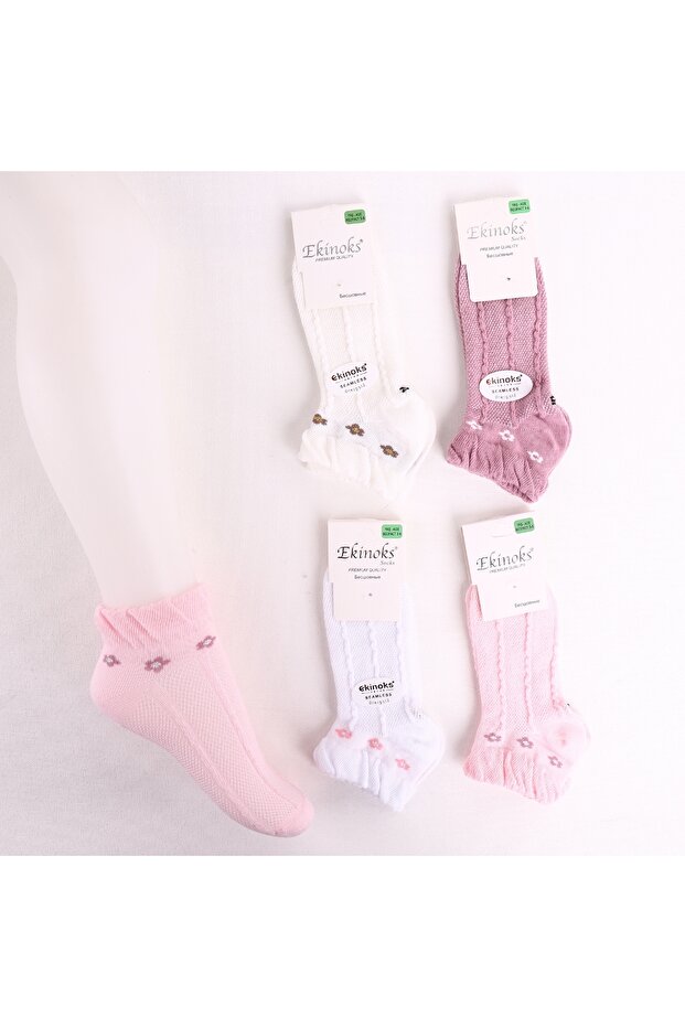 4-Piece Set of Stitch-Free Washed Girls' Patterned Transitional Booties Socks