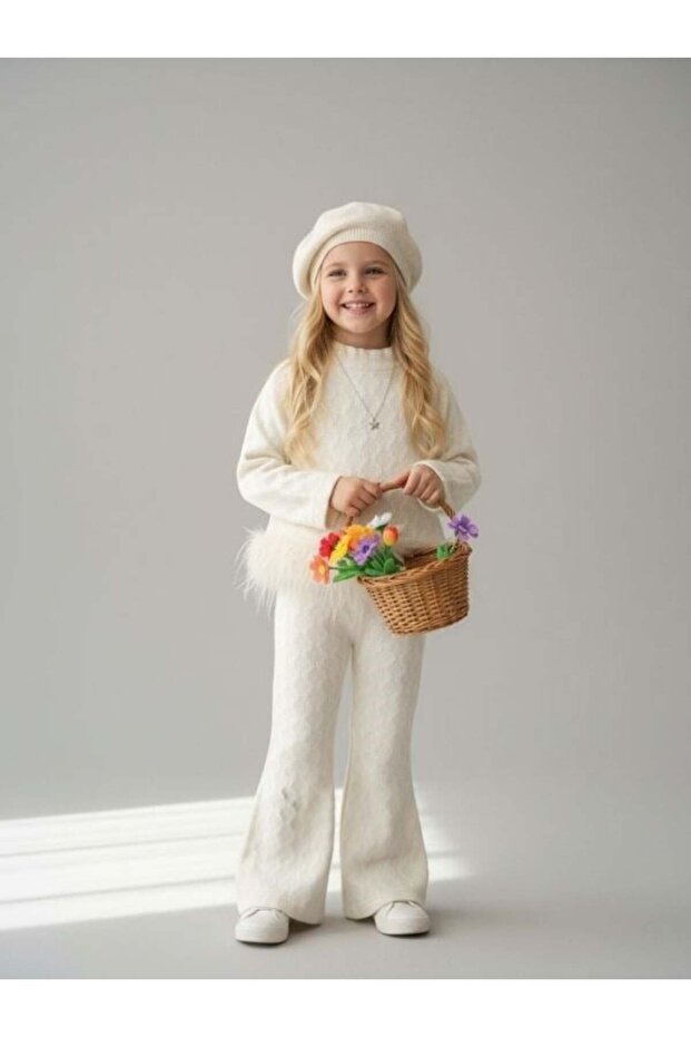 Girl's Feathered Knitwear Pants Set
